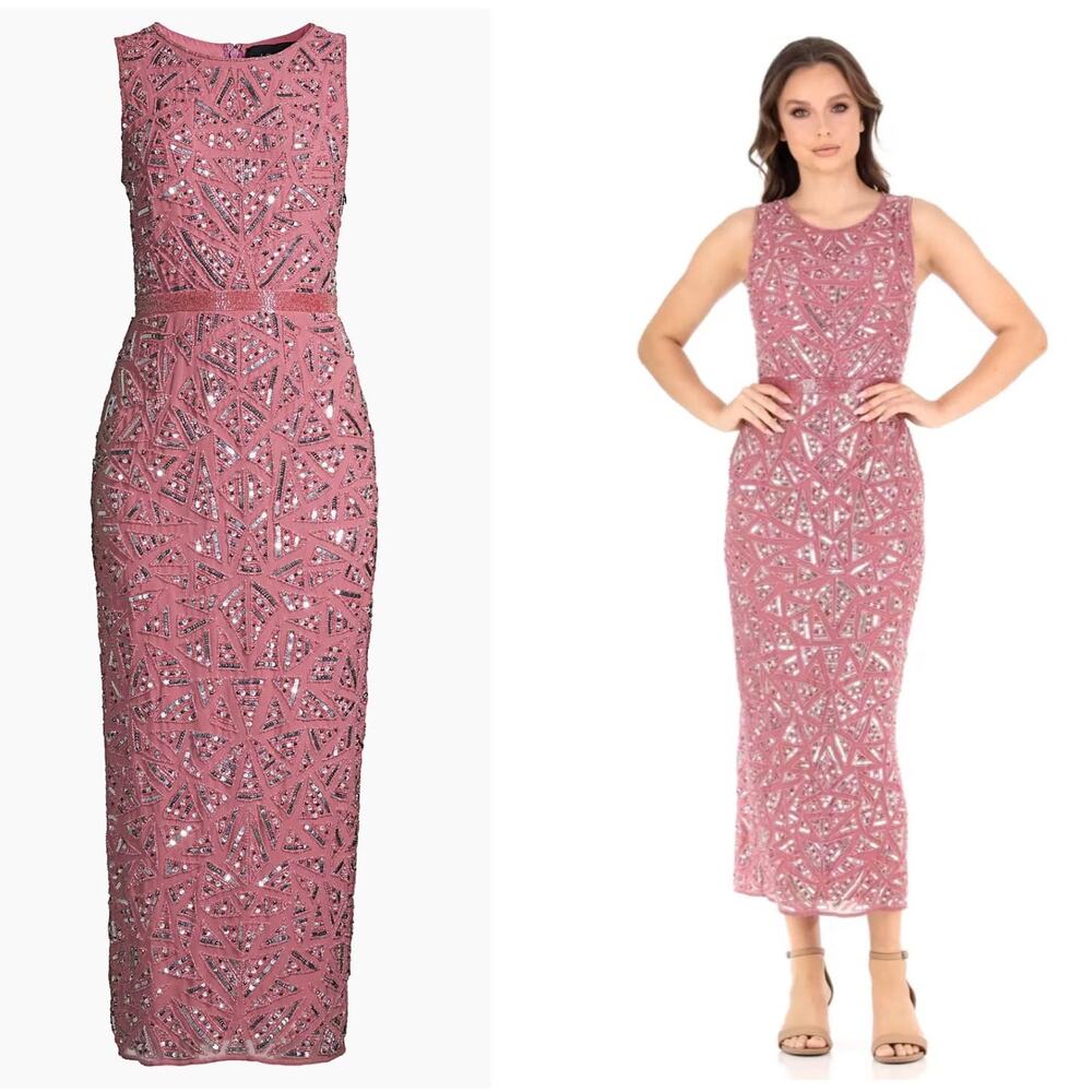 NWT Mac Duggal Geometric Patterned Sequin Dress Formal Gown Rosewood 93550 Sz 2
